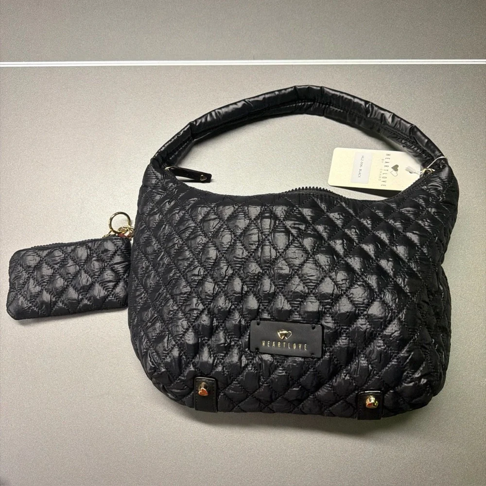 HeartLove by Charo Black Quilted Puffer‎ Hobo Bag Recycled Vegan Leather NWT